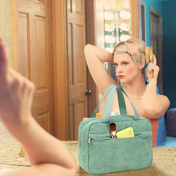 Women Cute Corduroy Travel Tote Large Zipper Make Up Organizer Toiletry Bags - Picture 7 of 7